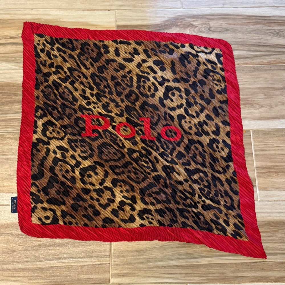 Polo Ralph Lauren Plisse Silk Scarf Leopard Animal Print Red Border Pleated Sq
